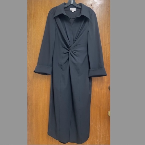 EUC Cinq a Sept Black McKenna Midi Dress Twist Front Slit - Picture 4 of 12